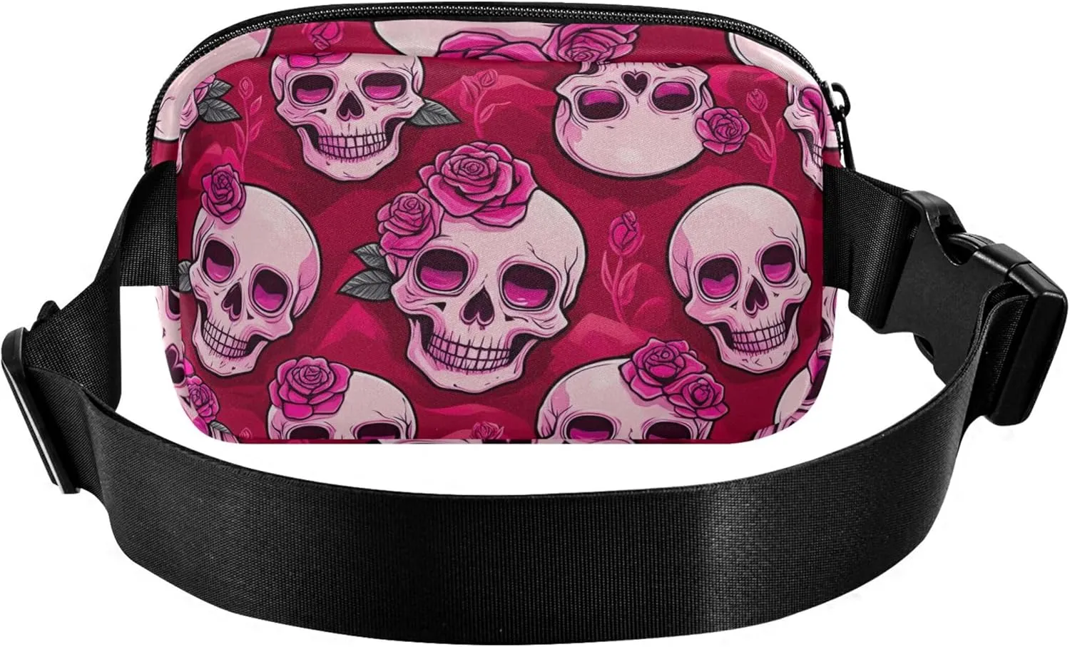 Cute Pink Skulls Roses Fanny Pack for Women Hip Pack Belt Bag Waterproof Bright Waist Pouches for Men