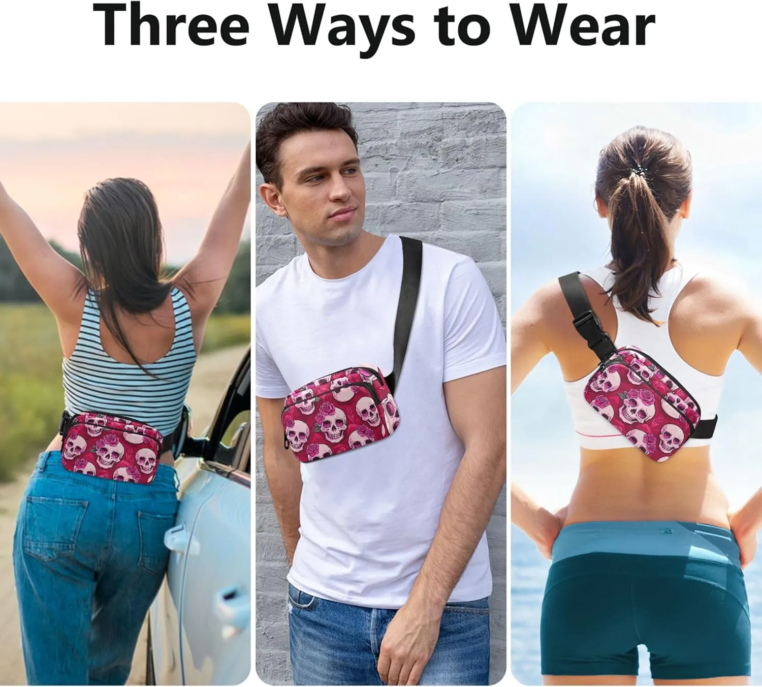 Cute Pink Skulls Roses Fanny Pack for Women Hip Pack Belt Bag Waterproof Bright Waist Pouches for Men