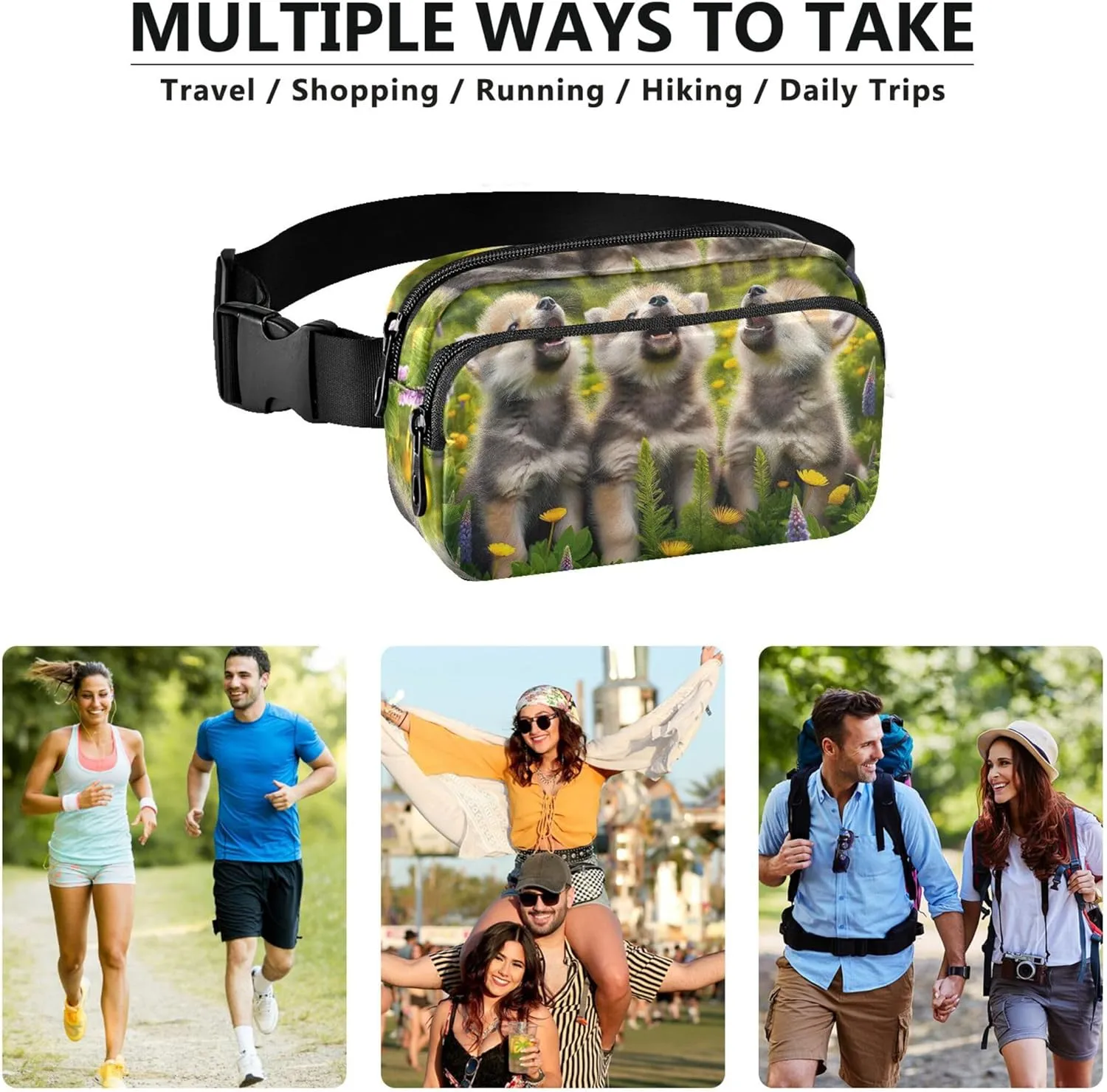 Cute Wolf Forest Green Waterproof Fanny Packs for Women Belt Bags Hip Pack Designer Travel Waist Pack for Men