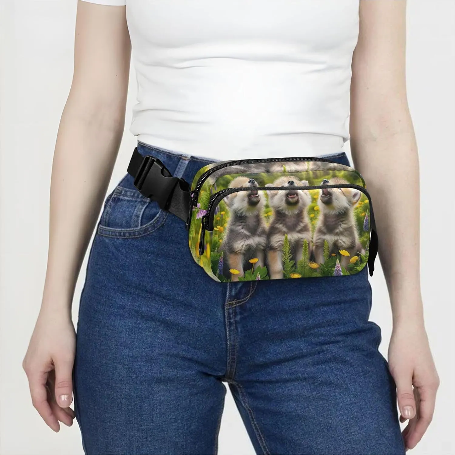 Cute Wolf Forest Green Waterproof Fanny Packs for Women Belt Bags Hip Pack Designer Travel Waist Pack for Men