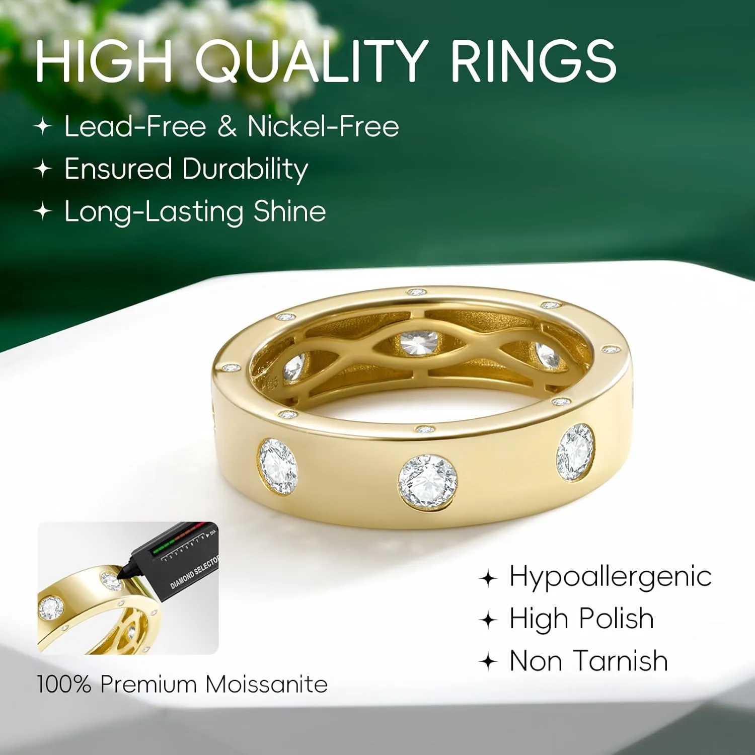 Dainty Eternity Wedding Rings for Women | Moissanite or Lab Grown Emerald 925 Sterling Silver 14K Gold Plated Stackable Band Non Tarnish | Birthday Jewelry Gifts for Her Size 5-10