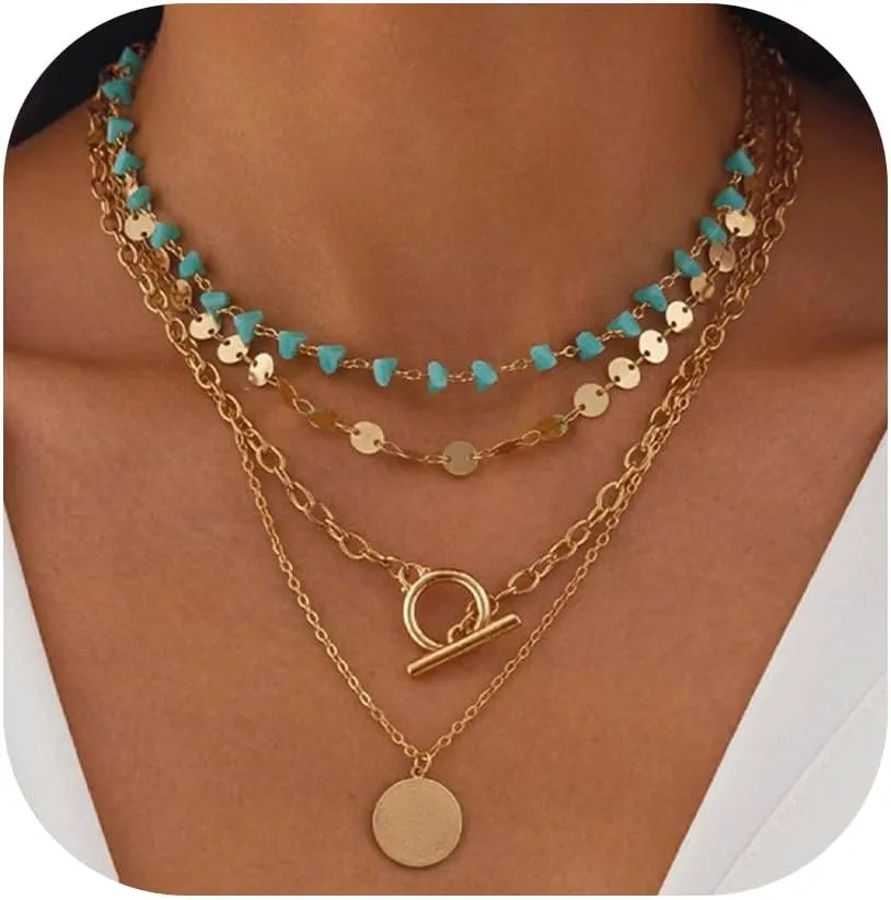 Dainty Layered Choker Necklace Bohemian Turquoise Necklace 14K Gold Plated Dainty Y Pendant Necklace Beach Fashion Pendant Choker