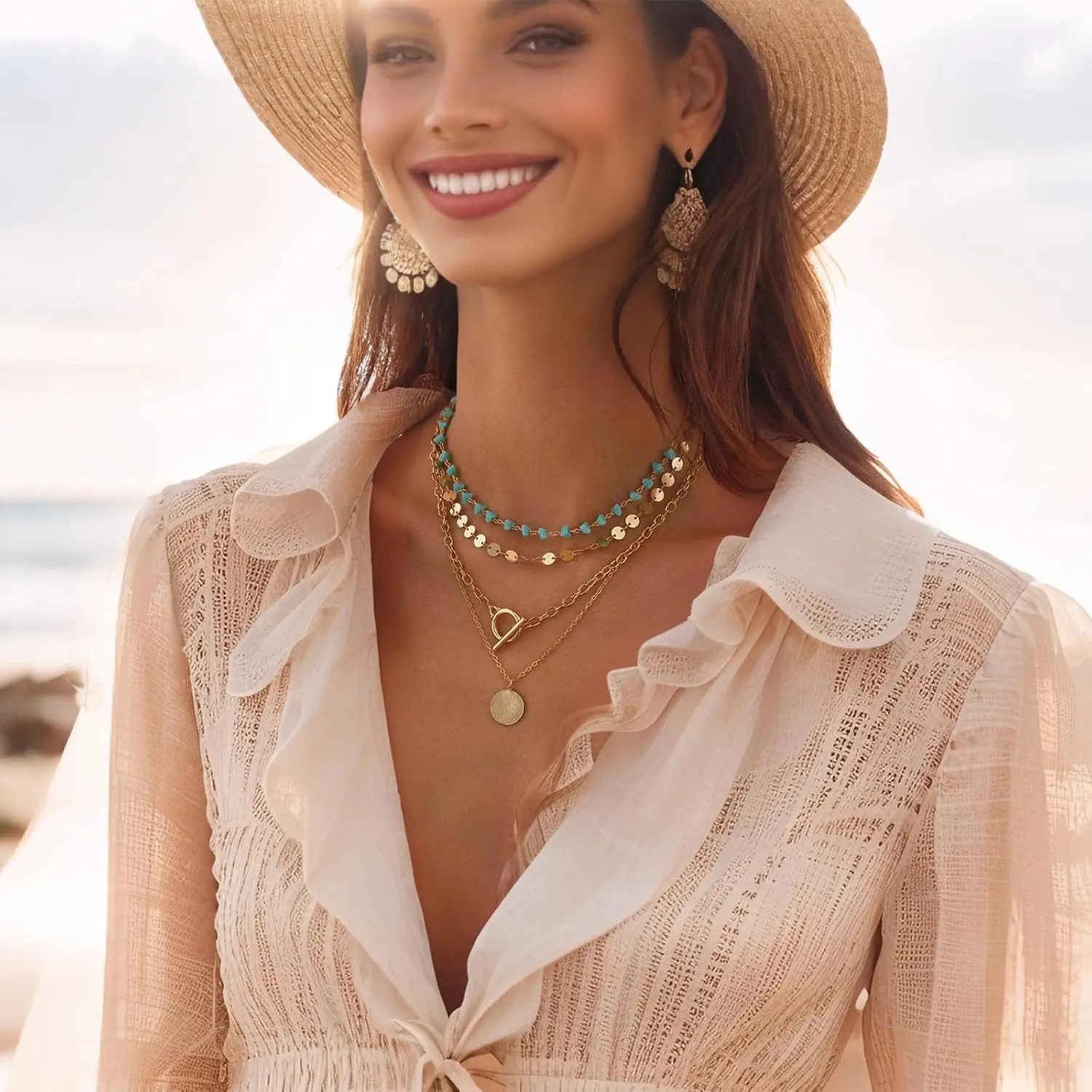Dainty Layered Choker Necklace Bohemian Turquoise Necklace 14K Gold Plated Dainty Y Pendant Necklace Beach Fashion Pendant Choker