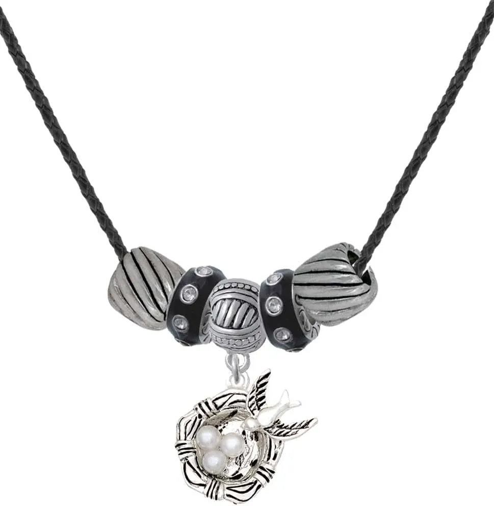 Delight Jewelry Silvertone Birds Nest with Imitation Pearl Eggs Black Beaded Necklace, 18" 2"