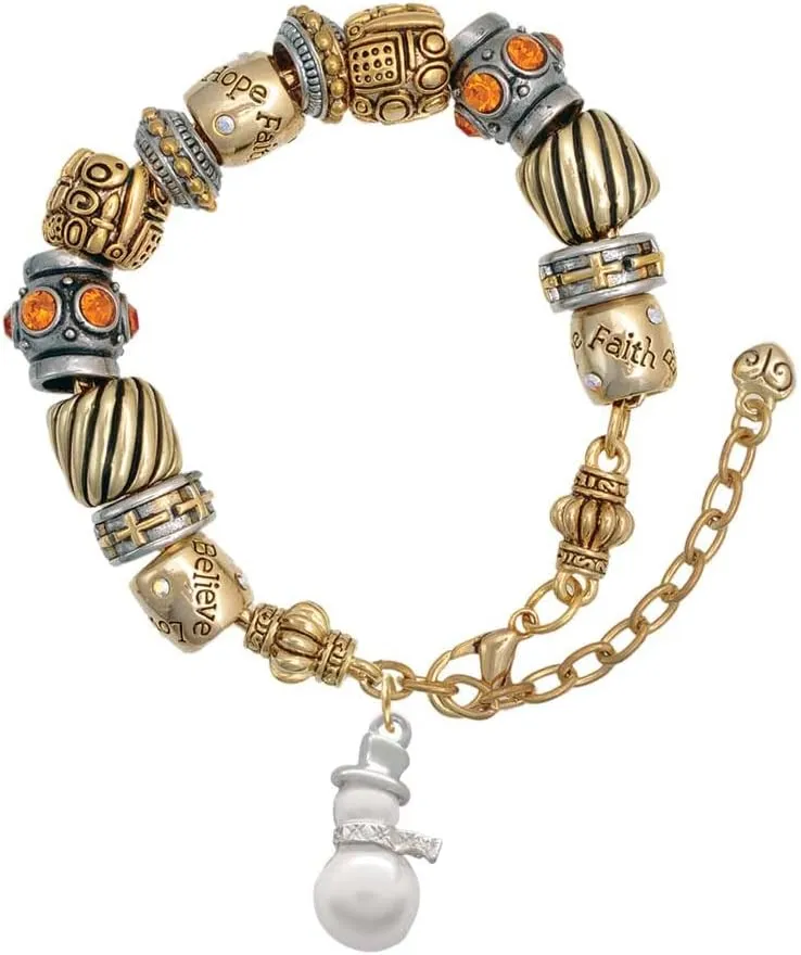 Delight Jewelry Silvertone Imitation Pearl Snowman Two Tone Christian Bead Bracelet, 7" 2"
