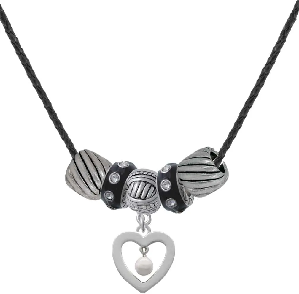 Delight Jewelry Silvertone Open heart with Imitation Pearl Drop Black Beaded Necklace, 18" 2"