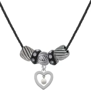 Delight Jewelry Silvertone Open heart with Imitation Pearl Drop Black Beaded Necklace, 18" 2"