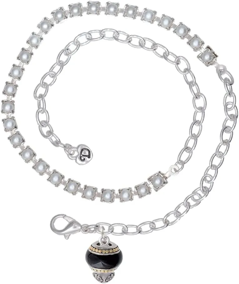 Delight Jewelry Two-tone Black Round Spinner Imitation Pearl Chain Wrap Charm Bracelet, 14"