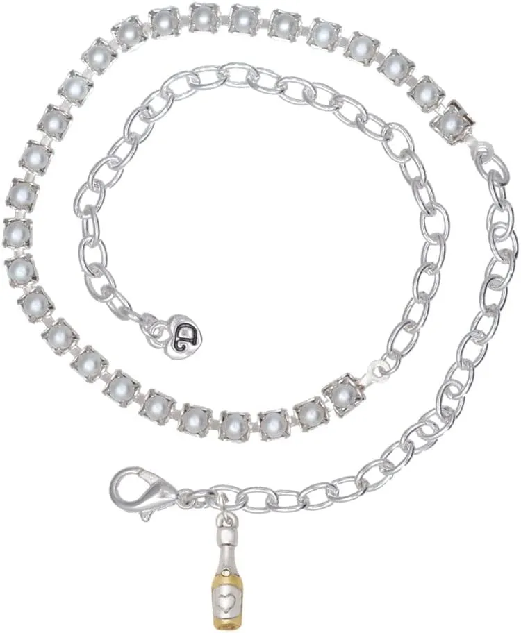 Delight Jewelry Two-tone Champagne Bottle Imitation Pearl Chain Wrap Charm Bracelet, 14"