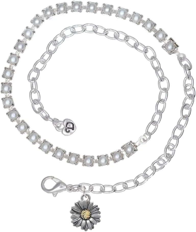 Delight Jewelry Two-tone Daisy Flower Imitation Pearl Chain Wrap Charm Bracelet, 14"