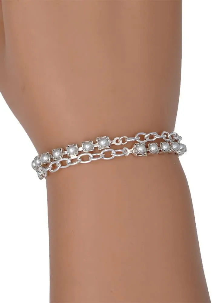 Delight Jewelry Two-tone Dog Breed Silhouette Heart Imitation Pearl Chain Wrap Charm Bracelet, 14"
