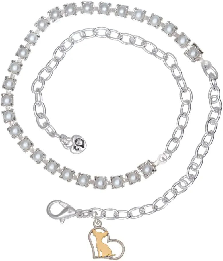 Delight Jewelry Two-tone Dog Breed Silhouette Heart Imitation Pearl Chain Wrap Charm Bracelet, 14"