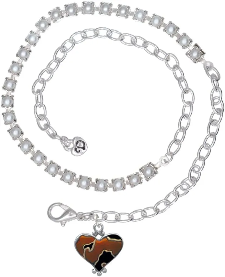 Delight Jewelry Two-tone Enamel Cheetah Print Heart Imitation Pearl Chain Wrap Charm Bracelet, 14"
