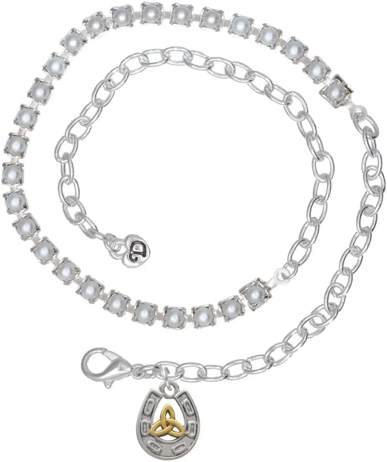 Delight Jewelry Two-tone Horseshoe with Trinity Knot Imitation Pearl Chain Wrap Charm Bracelet, 14"