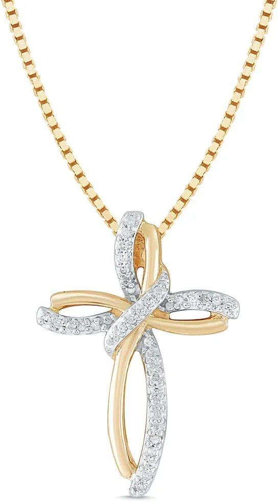Diamond Cross Necklace 1/10 CTTW Natural Diamonds in Sterling Silver or 14k Gold Plated Silver - 18 Inch Chain