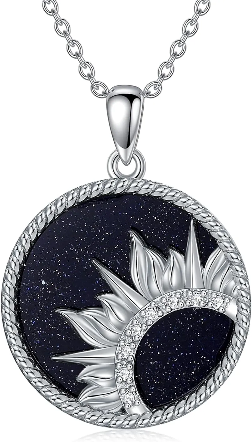 Diamond Sun Necklace for Women 925 Sterling Silver Lab-Grown Diamond Sun Pendant Necklaces with Blue Sand Stone Christmas Birthday Gifts