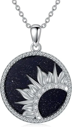 Diamond Sun Necklace for Women 925 Sterling Silver Lab-Grown Diamond Sun Pendant Necklaces with Blue Sand Stone Christmas Birthday Gifts
