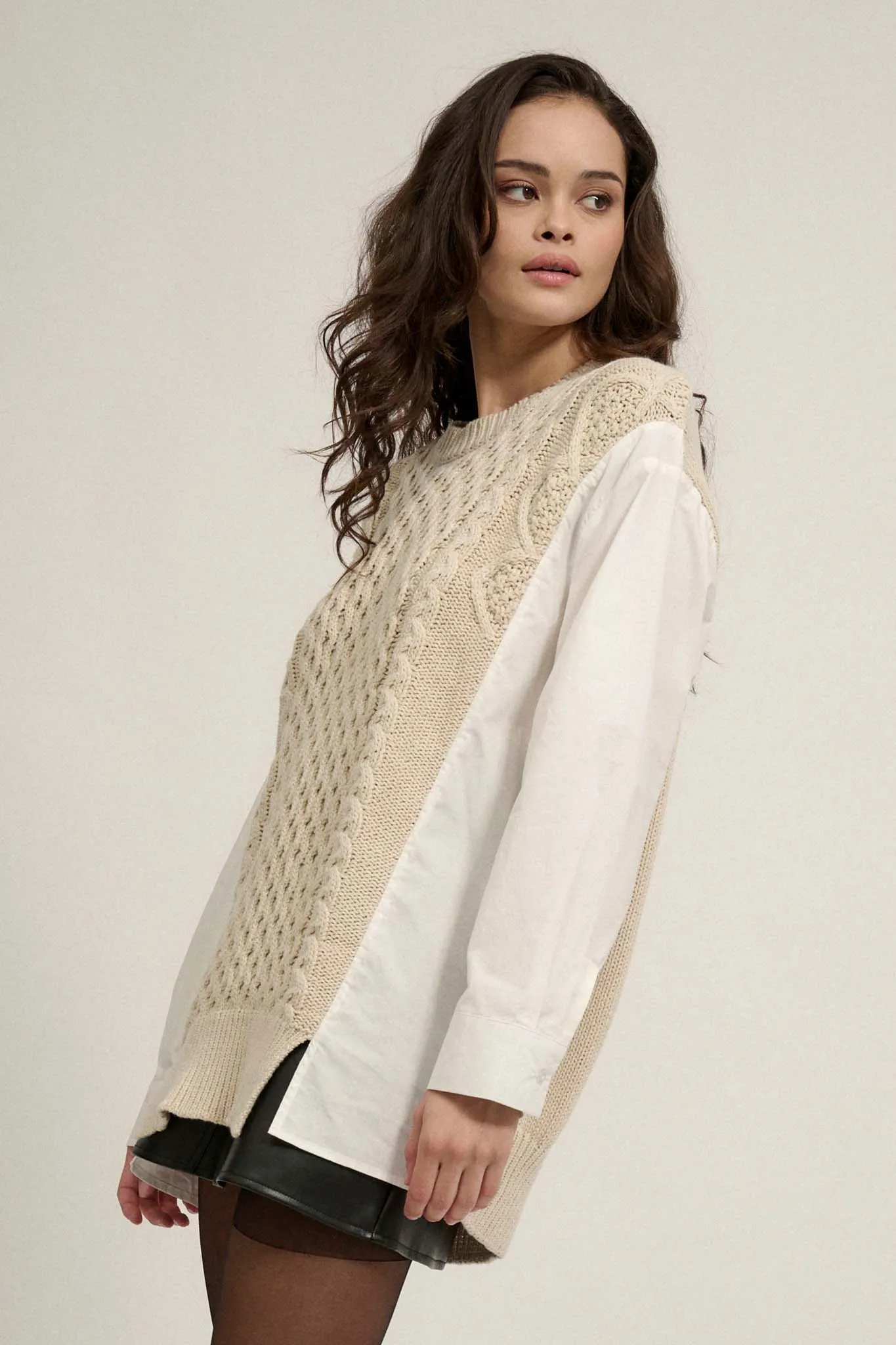 Double Take Mixed Media Cable Knit Sweater