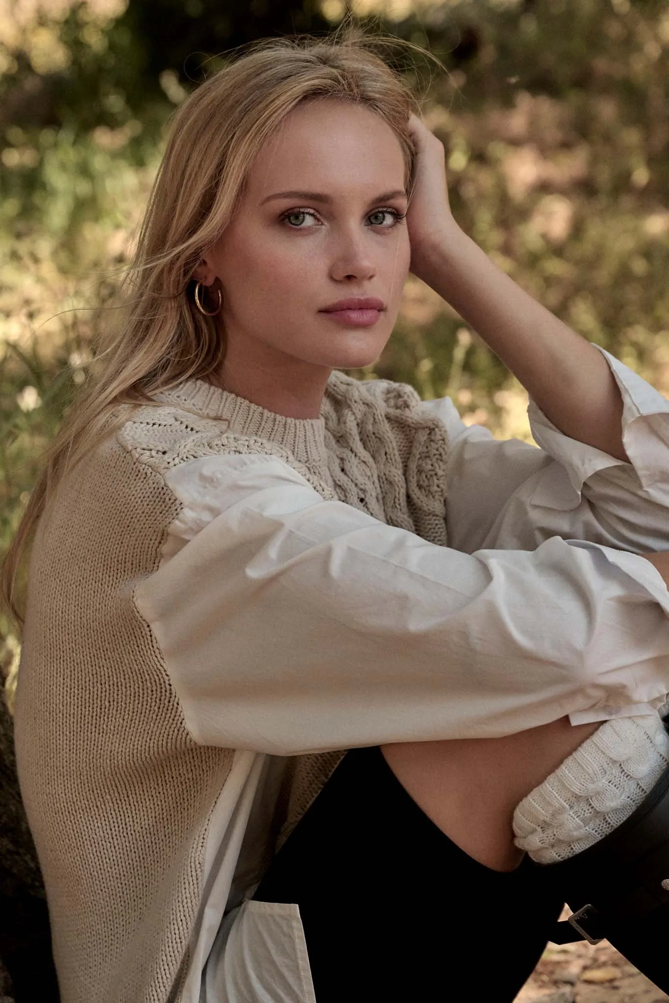 Double Take Mixed Media Cable Knit Sweater