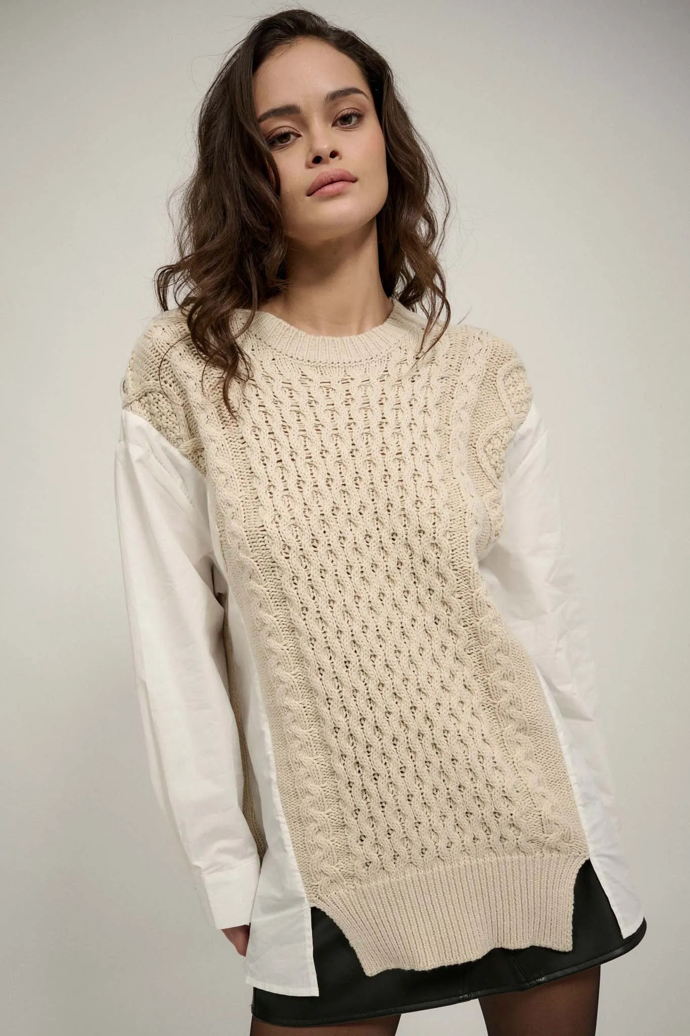 Double Take Mixed Media Cable Knit Sweater