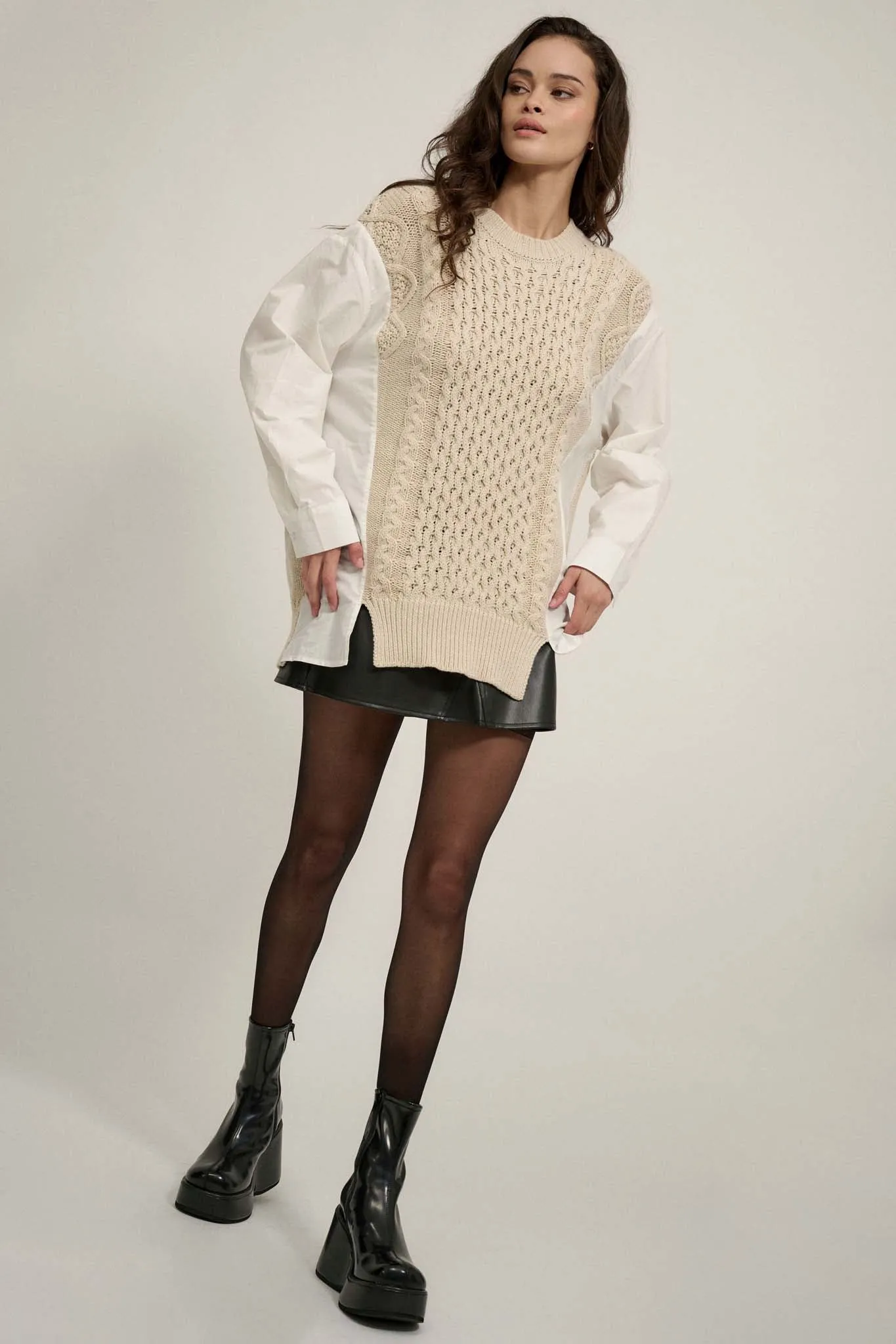 Double Take Mixed Media Cable Knit Sweater