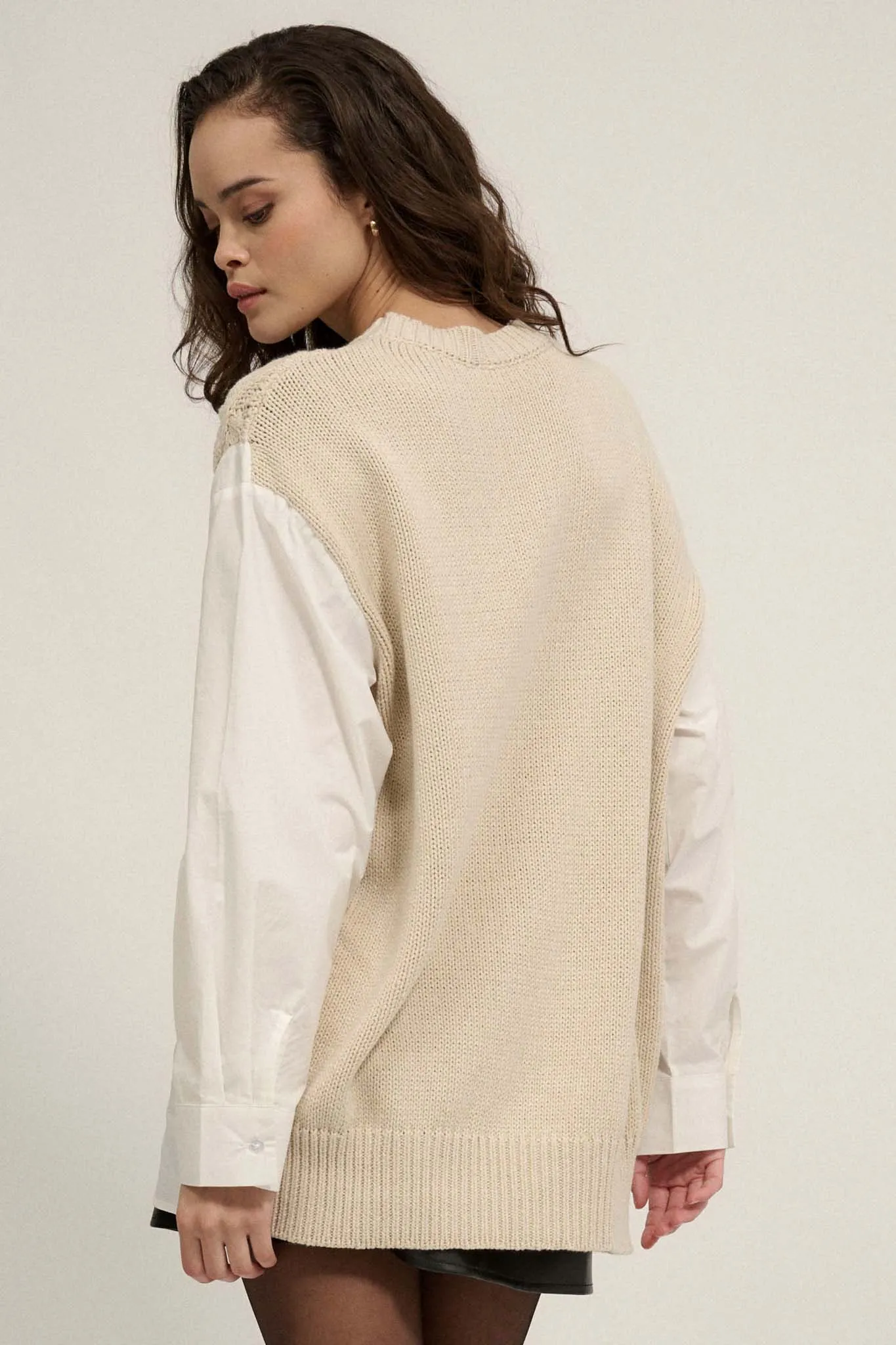 Double Take Mixed Media Cable Knit Sweater