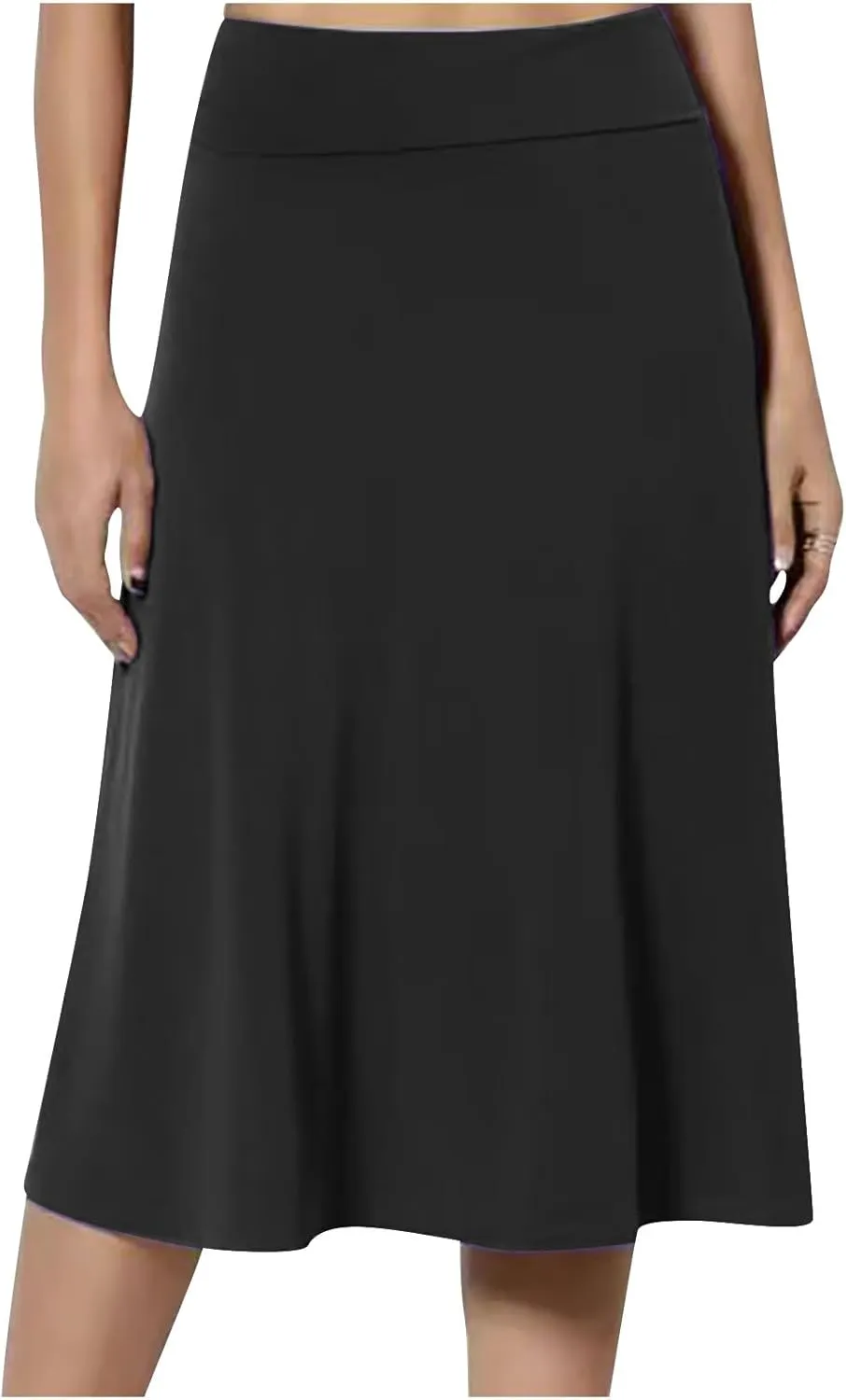 Dressy Office Midi Skirt for Women Solid Baggy Pull On Knee Length Skirts Flowy High Waist Ruffle Flared Skirts