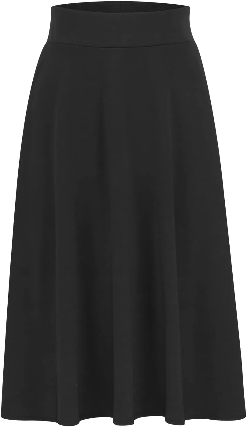 Dressy Office Midi Skirt for Women Solid Baggy Pull On Knee Length Skirts Flowy High Waist Ruffle Flared Skirts