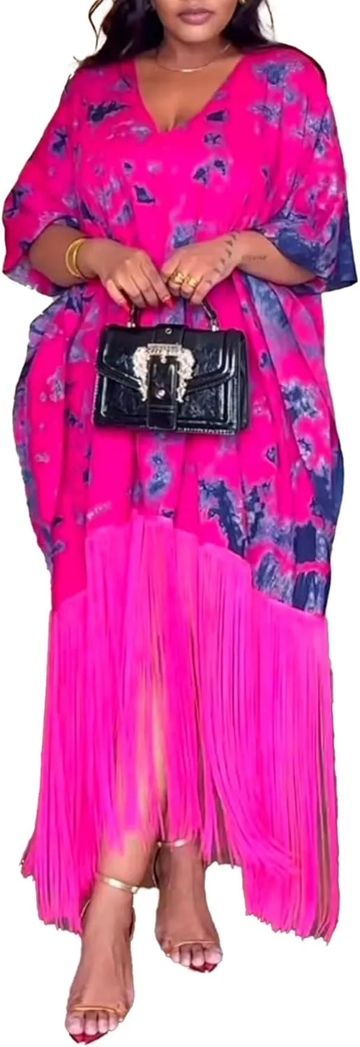 Ecirod Women Plus Size African Fringe Midi Dress Summer Casual Vacation V Neck Batwing Short Sleeve T Shirt Dresses