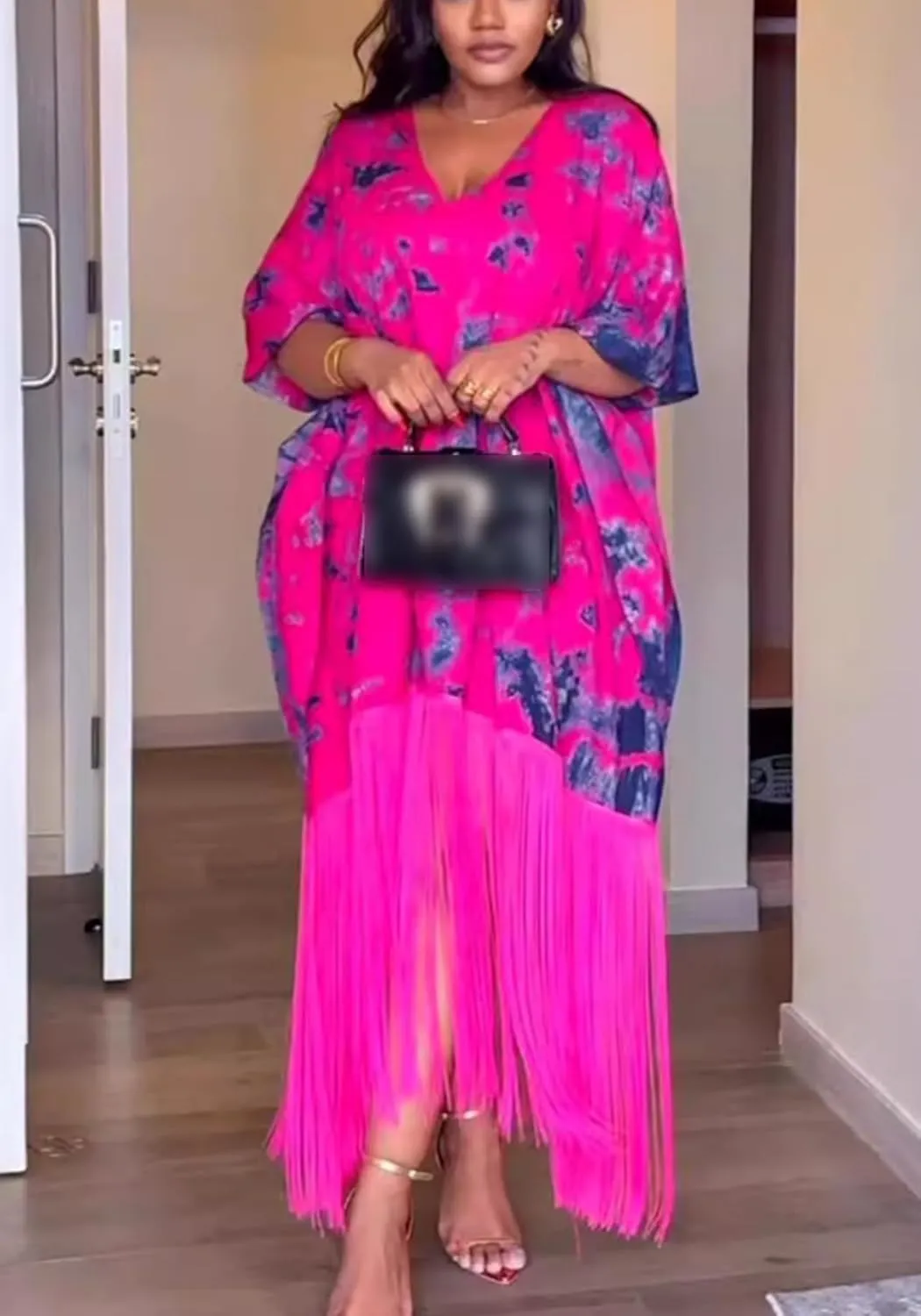 Ecirod Women Plus Size African Fringe Midi Dress Summer Casual Vacation V Neck Batwing Short Sleeve T Shirt Dresses