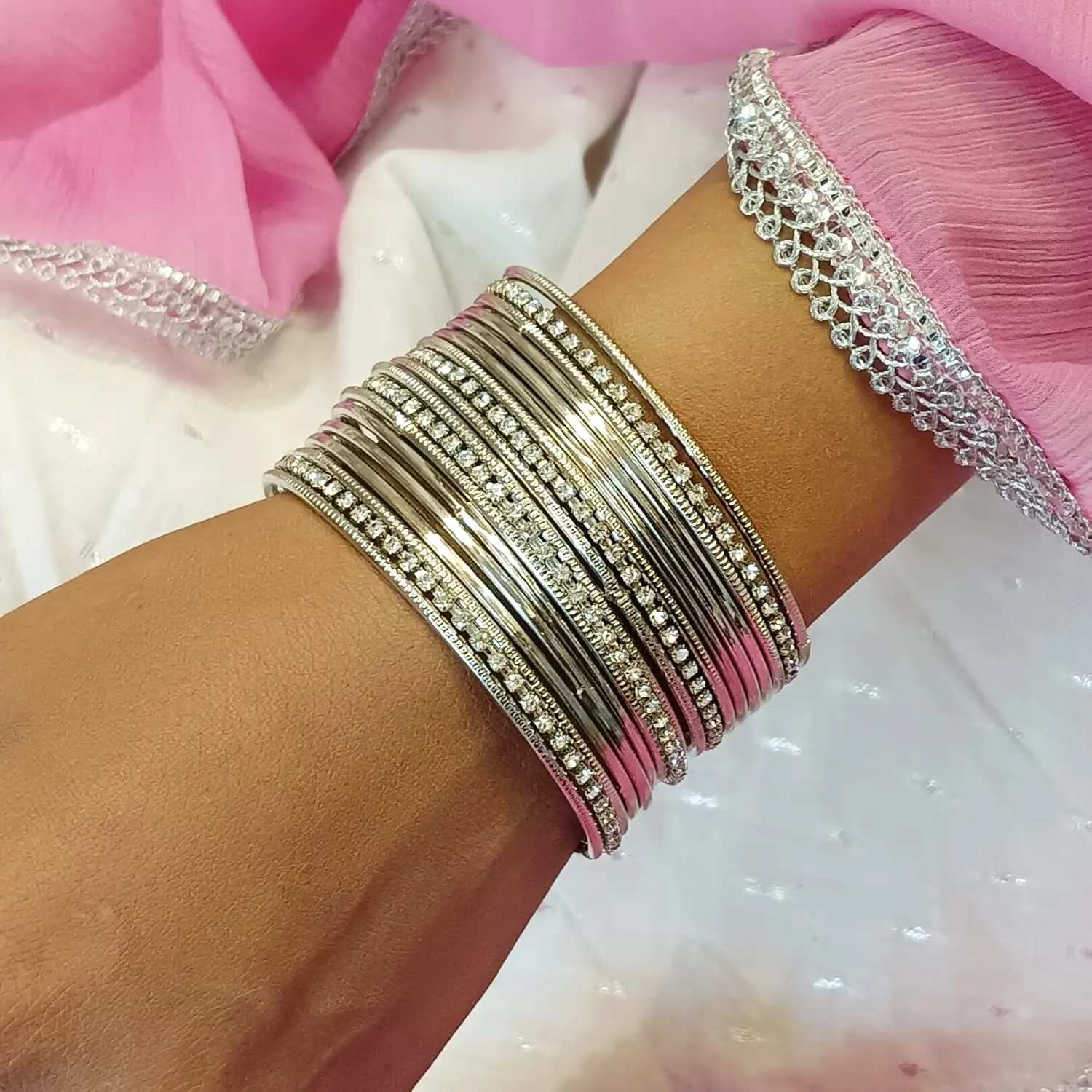 Efulgenz Silver Oxidized Bangles and Bracelets - Boho Indian CZ Crystal Set - Bollywood Jewelry for Women