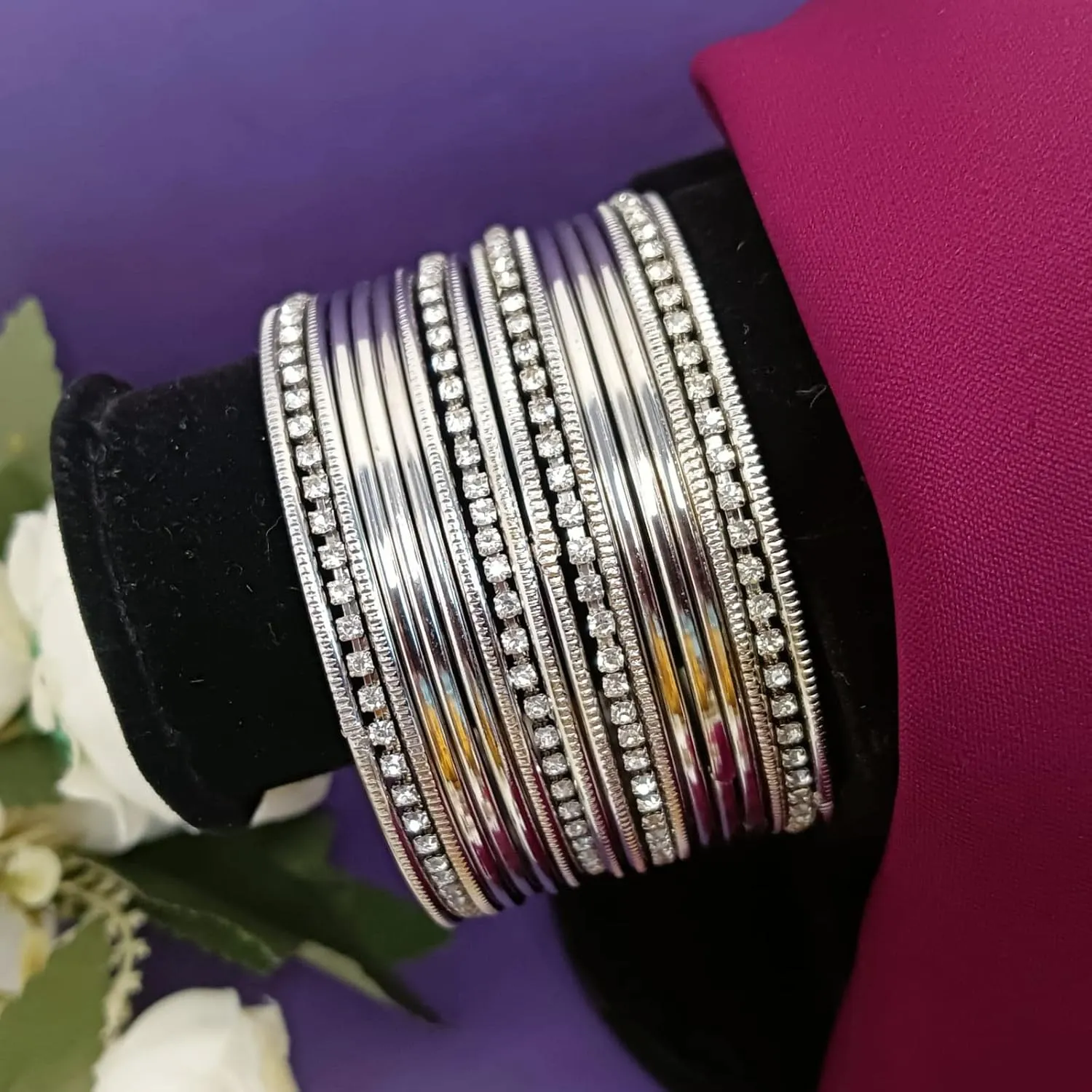 Efulgenz Silver Oxidized Bangles and Bracelets - Boho Indian CZ Crystal Set - Bollywood Jewelry for Women