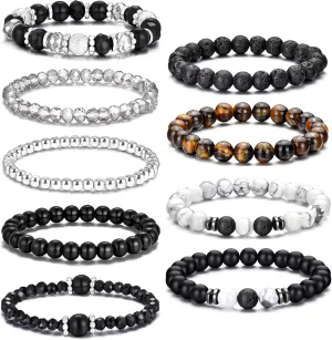 EIELO Beaded Stretch Bracelets for Men Women Natural Stone Tiger Eye Black Lava Rock Stretch Adjustable Black Boho Crystal Stackable Beaded Bracelets Set