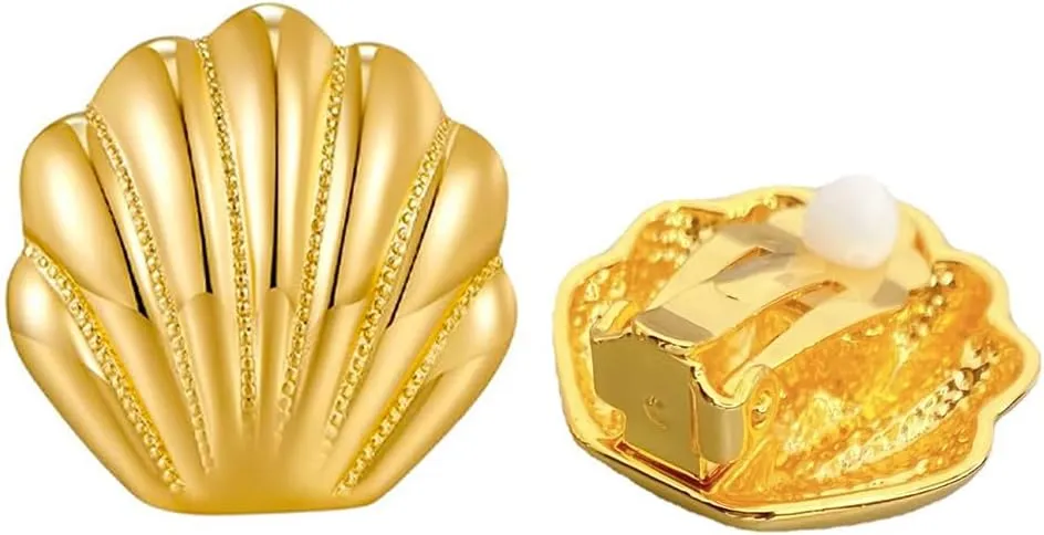 Eioi & Lmnm Women's 18K Gold Plated Seashell Clip On Earrings, Polished Carved Nautical Shell Snap On Earrings, Hypoallergenic Non Pierced Gold Shell Earrings, Trendy Seashell Non-pierced Ear Jewelry for Wedding Summer Beach Party