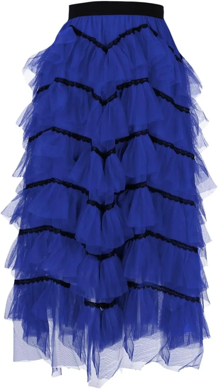 Elegant Layered Ruffle Tulle Skirts for Women High Waist Long Fairy Skirt High Elastic Waist A-Line Mesh Tutu Skirt