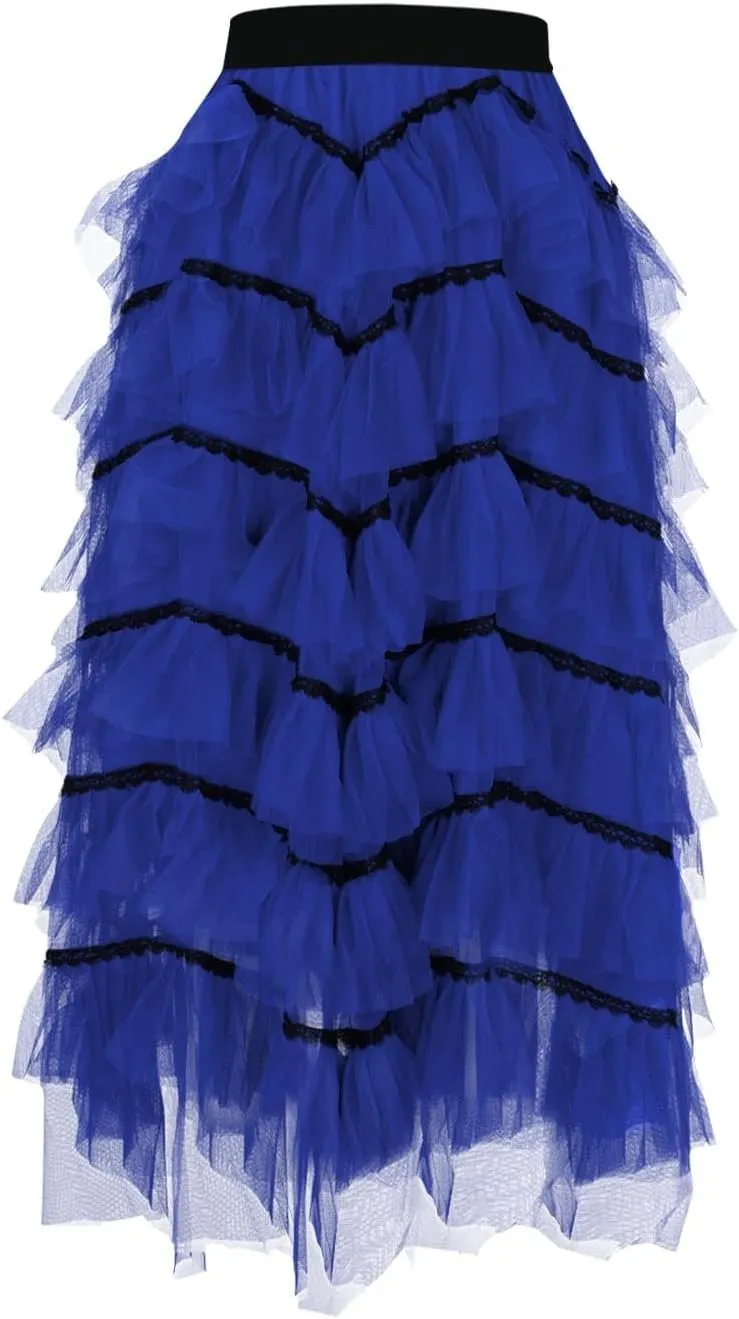 Elegant Layered Ruffle Tulle Skirts for Women High Waist Long Fairy Skirt High Elastic Waist A-Line Mesh Tutu Skirt