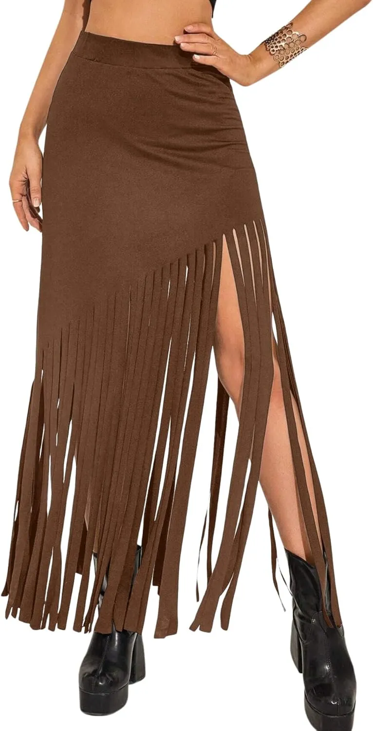 Ella Lust Womens Cowgirl Fringe Maxi Skirts - Western Country Concert Outfits Bodycon Hem Tassel High Waist Long Pencil Skirt