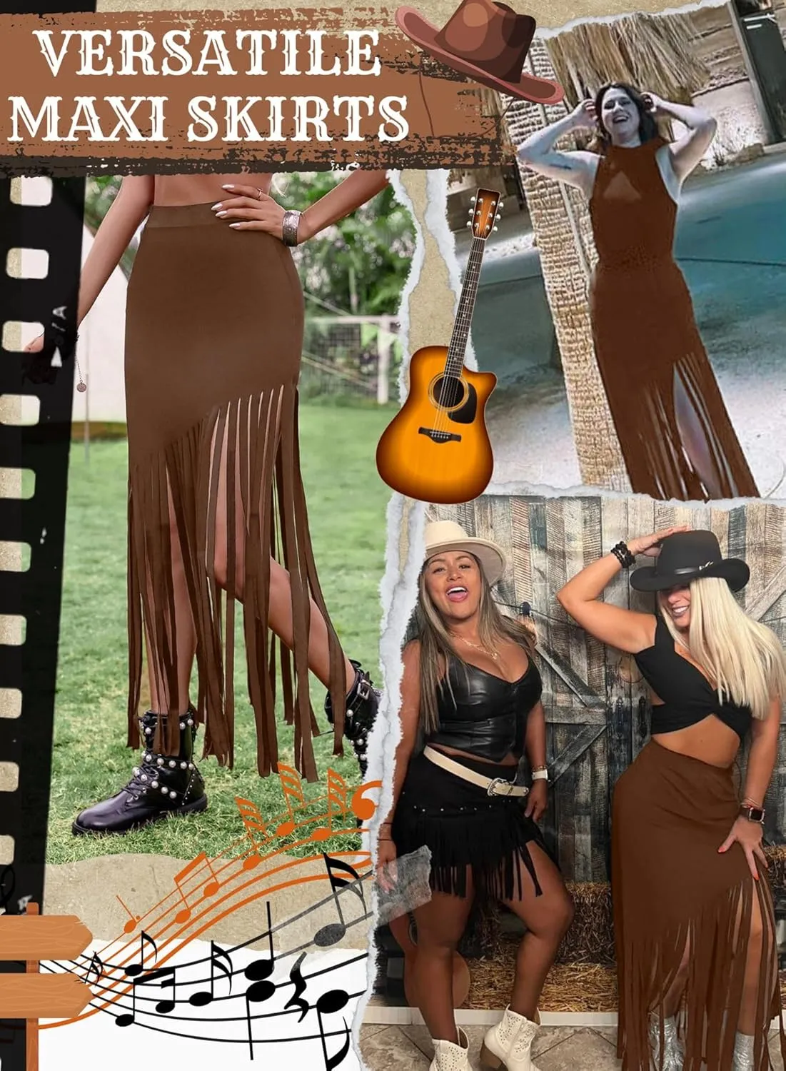 Ella Lust Womens Cowgirl Fringe Maxi Skirts - Western Country Concert Outfits Bodycon Hem Tassel High Waist Long Pencil Skirt
