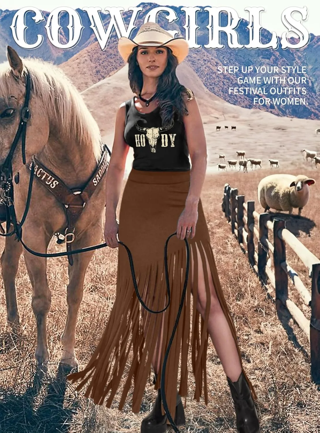 Ella Lust Womens Cowgirl Fringe Maxi Skirts - Western Country Concert Outfits Bodycon Hem Tassel High Waist Long Pencil Skirt