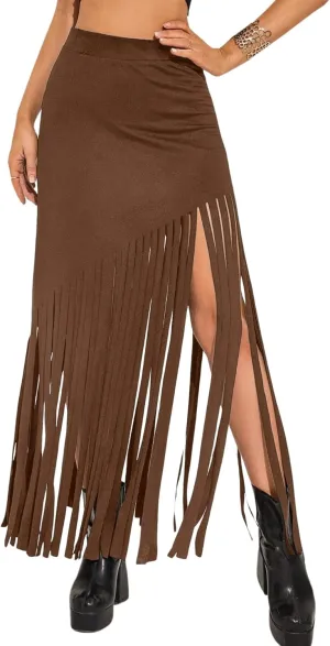 Ella Lust Womens Cowgirl Fringe Maxi Skirts - Western Country Concert Outfits Bodycon Hem Tassel High Waist Long Pencil Skirt