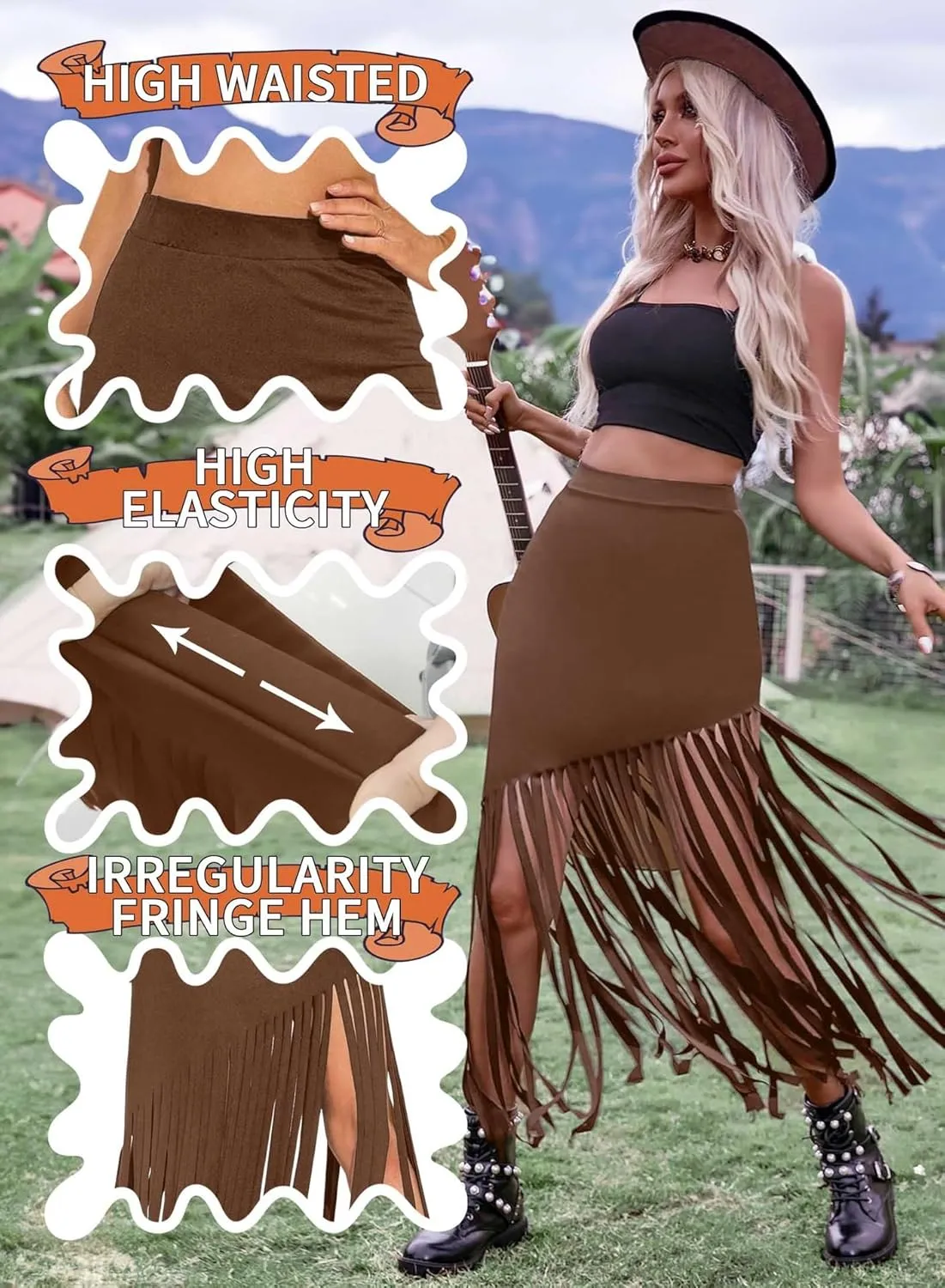 Ella Lust Womens Cowgirl Fringe Maxi Skirts - Western Country Concert Outfits Bodycon Hem Tassel High Waist Long Pencil Skirt