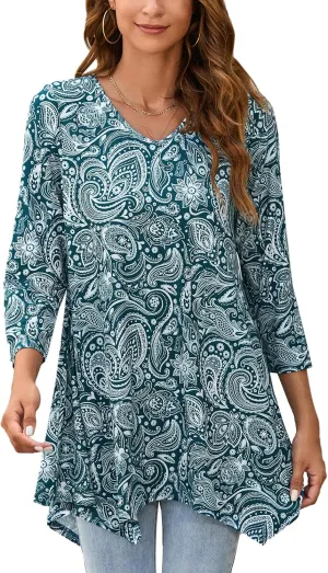 ENMAIN Tunic Tops for Women 3/4 Sleeve Plus Size Women's Tunics Loose Fit Floral Swing Flare Ladies Blouse for Leggings