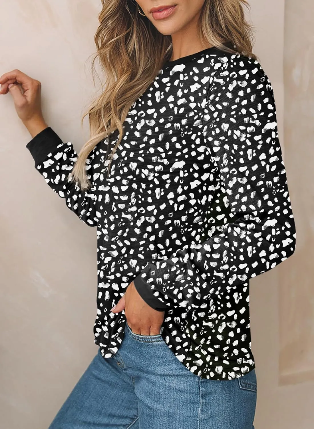 EVALESS Womens Crewneck Long Sleeve Tops Casual Polka Dots Tops Spring Summer 2025 Tshirts Shirts