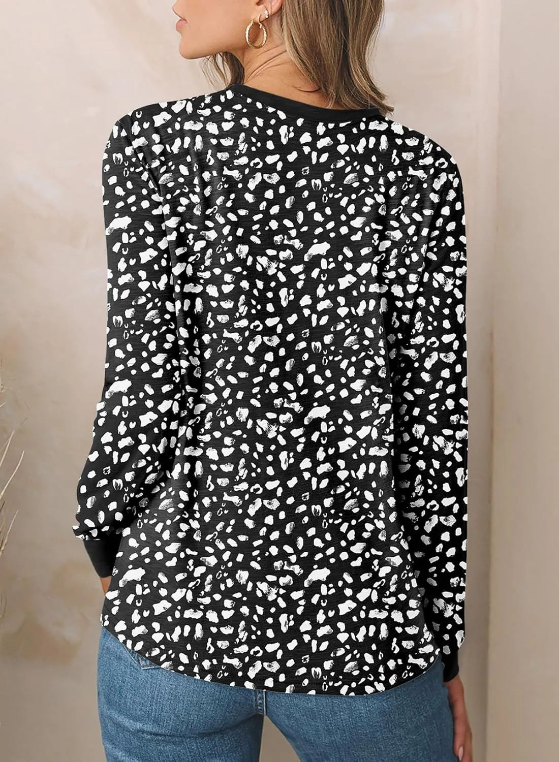EVALESS Womens Crewneck Long Sleeve Tops Casual Polka Dots Tops Spring Summer 2025 Tshirts Shirts