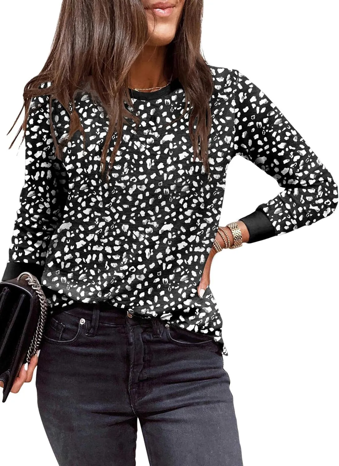 EVALESS Womens Crewneck Long Sleeve Tops Casual Polka Dots Tops Spring Summer 2025 Tshirts Shirts