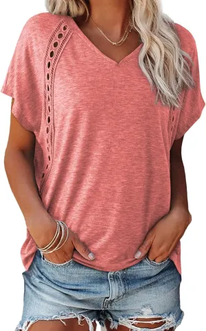 EVALESS Womens Fashion Oversized Summer Tops Casual Short Sleeve V Neck Lace Patchwork Shirts 2025 Basic T-Shirts Tee Blouses
