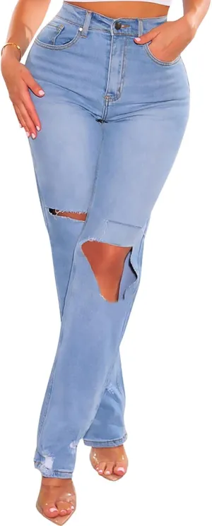 FairBeauty Women's Skinny Stretch Jeans Frayed Raw Hem Slim Fit Jeans Ripped Denim Pants