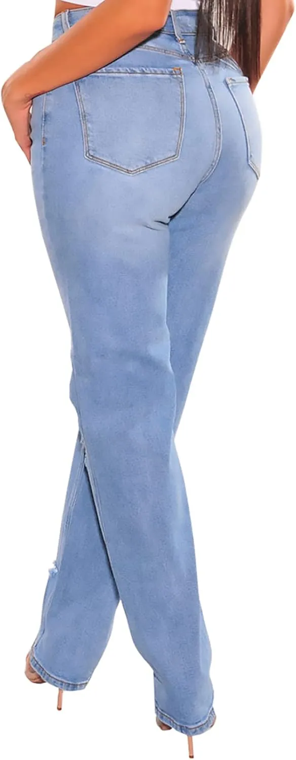 FairBeauty Women's Skinny Stretch Jeans Frayed Raw Hem Slim Fit Jeans Ripped Denim Pants