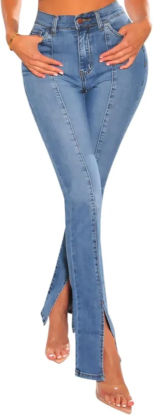 FairBeauty Women's Skinny Stretch Jeans Frayed Raw Hem Slim Fit Jeans Ripped Denim Pants