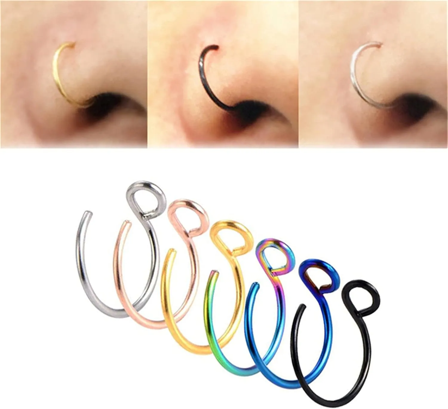 Fake Nose Ring, Faux Body Piercing Jewelry 8mm Stainless Steel Faux Fake Nose Ring Hoop Lip Septum Nose Ring